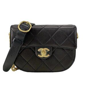 Auth CHANEL Mini Matelasse AS2484 Black Lambskin Shoulder Bag gold hardware